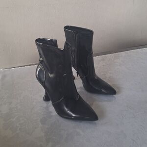 INC International Concepts Shiny Black Pointed Toe Mid-Calf Heeled Boots
